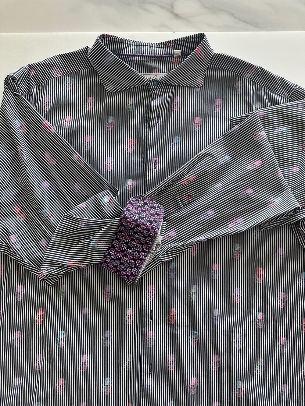 Robert Graham Men's Black & White Pinstripe Shirt with multicolored skulls